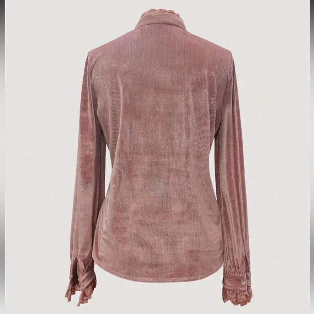 Luxe pink velvet lace ruffle detail blouse - Picture 8 of 10
